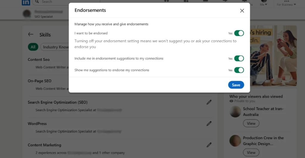 تنظیمات endorsement در لینکدین